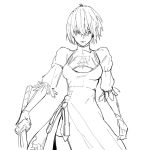  1girl ahoge cleavage_cutout closed_mouth dress feather-trimmed_sleeves feathers gloves greyscale hair_between_eyes hanjo holding holding_sword holding_weapon katana mole mole_under_mouth monochrome nier_(series) nier_automata puffy_sleeves short_hair sketch sword thighhighs turtleneck weapon yorha_no._2_type_b 