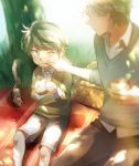  2boys aki_(neyuki41028) aldnoah.zero blue_eyes eating father_and_son food hand_on_another&#039;s_face multiple_boys one_eye_closed picnic picnic_basket sandwich short_hair shorts silver_hair slaine_troyard squirrel younger 