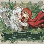  1girl album_cover bandages blood bloody_bandages braid cloak closed_eyes corset cover dragon eyepatch facing_another fantasy hand_up highres horns light_brown_hair long_hair long_sleeves original red_cloak red_hood s0shir0 scar scar_across_eye solo upper_body white_wings wings 
