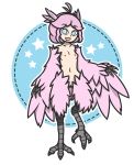  2019 avian breasts digital_media_(artwork) feathers female hair happy harpy humanoid looking_at_viewer meyumi39 nipples not_furry nude pink_hair pinup portrait pose pussy raised_leg short_hair simple_background small_breasts smile solo solo_focus standing toony 