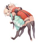  2girls :3 ahoge back-to-back bare_shoulders bent_over black_bow black_legwear blonde_hair blush bow breasts cleavage cleavage_cutout closed_mouth dark_skin detached_sleeves dress dutch_angle fate_(series) full_body hair_bow hair_ribbon long_sleeves looking_at_another looking_at_viewer lying medium_breasts multiple_girls okita_souji_(alter)_(fate) okita_souji_(fate) okita_souji_(fate)_(all) omi_(tyx77pb_r2) on_back red_dress red_ribbon red_scarf ribbon scarf short_dress short_hair skindentation sleeping standing thigh_strap thighs toeless_legwear translation_request twitter_username v-shaped_eyebrows wide_sleeves 