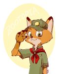  anthro canid canine clothed clothing dipstick_ears disney fox fur gesture hat headgear headwear hi_res km02 looking_at_viewer mammal multicolored_ears nick_wilde orange_body orange_fur red_fox salute simple_background smile solo tan_body tan_fur uniform white_background yellow_background young zootopia 
