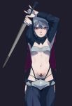  1girl arms_up breasts closed_mouth cross grey_hair hair_between_eyes highres hirundo_rustica holding holding_sword holding_weapon navel nun original pubic_tattoo red_eyes simple_background solo standing sword tattoo two-handed weapon 