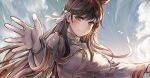  1girl absurdres animal_ears atago_(azur_lane) azur_lane black_hair blue_sky blush bow breasts cloud epaulettes extra_ears gloves hair_between_eyes happy highres hug imminent_hug large_breasts long_hair long_sleeves looking_at_viewer military military_uniform mole mole_under_eye outdoors outstretched_arms ribbon sky smile snowru solo spread_arms sunlight uniform white_bow white_gloves white_ribbon 