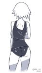  1girl ass contrapposto crona_(soul_eater) from_behind greyscale highres monochrome one-piece_swimsuit school_swimsuit short_hair simple_background soul_eater swimsuit twitter_username white_background 