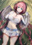 1girl :o absurdres ahoge angel_wings aqua_eyes bangs belt blue_belt blush breasts bustier chain cleavage collar cross elbow_gloves gloves hand_on_own_chest highres ikaros large_breasts long_hair looking_at_viewer low_twintails lying midriff miniskirt navel on_back pink_hair pink_wings ripples robot_ears skirt solo sora_no_otoshimono strapless tubetop twintails very_long_hair water white_gloves white_skirt wings ying_jing_meng 