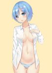  1girl :o absurdres ass_visible_through_thighs blue_eyes blue_hair breasts collarbone collared_shirt cowboy_shot dress_shirt eyes_visible_through_hair hair_ornament hair_over_one_eye hand_on_own_chest highres long_sleeves looking_at_viewer medium_breasts navel no_bra open_clothes open_mouth open_shirt panties purple_ribbon re:zero_kara_hajimeru_isekai_seikatsu rem_(re:zero) ribbon shirt short_hair solo striped striped_panties underwear white_shirt x_hair_ornament yellow_background ying_jing_meng 