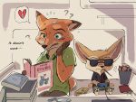 ? anthro bandage barefoot book bottomwear canid canine clothed clothing disney duo english_text eyewear fennec finnick food fox fully_clothed fur gloves_(marking) green_eyes holding_book holding_object inner_ear_fluff inside mammal markings nick_wilde one_ear_up orange_body orange_fur pants pawpads pictographics pocky red_fox shirt sitting sunglasses tan_body tan_fur text topwear tragobear tuft video_games zootopia 