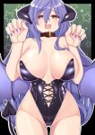  1girl blush breasts collar demon_horns demon_tail demon_wings dura fang halloween halloween_costume highres horns iris_heart kami_jigen_game_neptune_v large_breasts leotard neptune_(series) open_mouth power_symbol purple_hair red_eyes symbol-shaped_pupils tail wings 