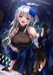  1girl :d alternate_costume bangs black_dress black_gloves blue_eyes blurry blurry_background blush breasts cenangam choker collarbone commentary_request cross cross_earrings dress earrings eyebrows_visible_through_hair flower garter_straps girls_frontline gloves grey_hair hair_flower hair_ornament hair_ribbon half_gloves heart heart-shaped_pupils heavy_breathing heterochromia highres indoors jewelry long_hair looking_at_viewer mdr_(girls_frontline) multicolored_hair night off_shoulder one_side_up open_mouth pink_eyes pink_hair ribbon sidelocks smile solo sparkle streaked_hair sweat symbol-shaped_pupils thighhighs window 