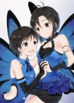  2girls :d antenna_hair bare_hips black_eyes black_gloves black_hair black_ribbon black_skirt blue_shirt blue_wings breasts butterfly_wings cleavage closed_mouth collared_shirt earrings elbow_gloves gloves grey_background hair_between_eyes highres holding_hands idolmaster idolmaster_(classic) interlocked_fingers jewelry kikuchi_makoto miniskirt mogskg multiple_girls neck_ribbon open_mouth pencil_skirt ribbon shiny shiny_hair shirt short_hair simple_background skirt sleeveless sleeveless_shirt small_breasts smile sparkle wing_collar wings 