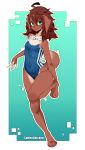  4_toes 5_fingers anthro barefoot brown_hair canid canine canis clothed clothing coffeechicken domestic_dog female fingers green_eyes hair hi_res kess_(coffeechicken) looking_at_viewer mammal one-piece_swimsuit smile solo swimwear toes 