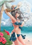  1girl arm_above_head bikini bikini_top_removed black_hair blue_bikini blue_eyes blue_sky breasts bunny_hair_ornament cloud flower_request hair_ornament hat medium_breasts ocean palm_tree rush914 sakurajima_mai seishun_buta_yarou sky solo solo_focus strap_gap straw_hat swimsuit tree water 