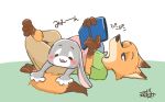  2017 absurd_res anthro barefoot blush bottomwear canid canine chibi clothed clothing crossed_legs dipstick_ears dipstick_tail disney duo ezumi_mh female fox fur gloves_(marking) half-closed_eyes hi_res holding_object judy_hopps lagomorph leporid lying male mammal markings multicolored_body multicolored_ears multicolored_fur multicolored_tail nick_wilde on_back open_mouth open_smile pants rabbit reading shirt simple_background smile tail_grab topwear two_tone_body two_tone_fur zootopia 