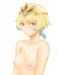  1girl blonde_hair blue_eyes blue_hair breasts closed_mouth crown earrings fire_emblem fire_emblem_heroes fjorm_(fire_emblem) gradient_hair highres jewelry multicolored_hair nipples nude pocari66 short_hair simple_background solo upper_body white_background 