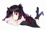  1girl bangs black_hair black_legwear black_ribbon black_skirt black_vest commentary_request dutch_angle eyebrows_visible_through_hair fate/grand_order fate_(series) feet_up full_body hair_ribbon itsumi_mita kneehighs long_hair long_sleeves looking_at_viewer lying multicolored_hair on_stomach parted_bangs pleated_skirt red_eyes red_hair ribbon school_uniform shirt simple_background skirt solo space_ishtar_(fate) two-tone_hair two_side_up v-shaped_eyebrows very_long_hair vest white_background white_shirt 