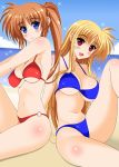  2girls beach bikini blue_bikini blue_eyes blue_sky breasts brown_hair cloud day fate_testarossa highres large_breasts long_hair looking_at_viewer lyrical_nanoha mahou_shoujo_lyrical_nanoha_strikers multiple_girls o-ring o-ring_bikini o-ring_bottom oda_ken&#039;ichi outdoors ponytail red_bikini red_eyes sitting sky smile sparkle swimsuit takamachi_nanoha twintails 