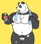  2019 anthro balls bashira_o black_body black_fur flaccid fur giant_panda hi_res humanoid_hands male mammal moobs navel nipples overweight overweight_male penis pubes simple_background solo towel ursid weat white_body white_fur yellow_background 