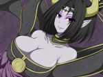  big_breasts black_hair breasts cleavage clothed clothing demon digimon digimon_(species) eyelashes eyeshadow female hair horn humanoid humanoid_pointy_ears lilithmon lips looking_at_viewer makeup not_furry purple_eyes solo wings zefyu 