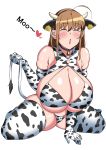  1girl :o ahoge animal_ears animal_print bare_shoulders bell bell_collar breasts brown_hair cleavage closed_eyes collar commentary_request cow_bell cow_ears cow_print cow_tail ear_tag elbow_gloves english_text gloves highres horns huge_ahoge huge_breasts komusou_(jinrikisha) long_hair looking_at_viewer ooba_minori original raised_eyebrows simple_background skindentation tail thick_thighs thighhighs thighs white_background 