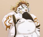  2019 absurd_res anthro balls belly blue_eyes clothing dasoowolf eyewear felid flaccid fur glasses hi_res humanoid_hands licho_(tas) male mammal moobs navel nipples overweight overweight_male pantherine penis shirt simple_background solo tiger tokyo_afterschool_summoners topwear video_games white_body white_fur 