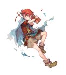  1boy azutarou belt book boots bracelet cape circlet ewan_(fire_emblem) fire_emblem fire_emblem:_the_sacred_stones fire_emblem_heroes full_body highres jewelry official_art one_eye_closed red_eyes red_hair solo teeth torn_clothes 