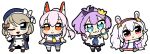  4girls :&gt; :&lt; :3 animal_ears ayanami_(azur_lane) azur_lane bare_arms bare_shoulders beret bkub black_sleeves blue_dress blue_eyes blue_headwear blue_sailor_collar blue_skirt blush_stickers bow brown_hair bunny_ears chibi closed_mouth commentary_request crown detached_sleeves dress gloves hair_bow hair_ornament hair_ribbon hairband hat head_tilt headgear high_ponytail highres iron_cross jacket javelin_(azur_lane) laffey_(azur_lane) long_hair long_sleeves looking_at_viewer looking_away looking_to_the_side mini_crown multiple_girls neckerchief off_shoulder one_eye_closed open_clothes open_jacket orange_eyes parted_lips pink_hair pink_jacket ponytail purple_hair purple_ribbon red_eyes red_footwear red_hairband ribbon sailor_collar school_uniform serafuku shirt shoe_soles silver_hair simple_background single_glove sitting skirt sleeveless sleeveless_dress sleeveless_shirt smile strap_slip striped striped_bow tilted_headwear triangle_mouth twintails very_long_hair white_background white_camisole white_gloves white_legwear white_shirt yellow_neckwear z23_(azur_lane) 