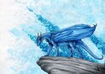  2019 ambiguous_gender blue_body blue_scales claws dragon feral hi_res horn membrane_(anatomy) membranous_wings natoli rock scales scalie solo spines standing traditional_media_(artwork) western_dragon wings 