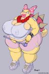  accessory anthro bead_necklace belly big_belly big_breasts biped blue_eyes bottomwear bracelet breasts clothing color_edit colored curvy_figure edit female footwear hair_accessory hair_bow hair_ribbon hi_res huge_breasts huge_hips huge_thighs jewelry koopa koopaling lips lipstick makeup mario_bros necklace nintendo nipple_outline nipple_piercing nipples non-mammal_breasts obese obese_female overweight overweight_female piercing ribbons ring scalie shirt shoes shorts snao solo son_mao super tank_top thick_lips thick_thighs tight_clothing topwear video_games voluptuous wand wendy_o._koopa wide_hips 