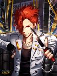  1boy artist_name black_gloves black_shirt chain chain_necklace copyright_request fingerless_gloves gloves hair_over_one_eye holding holding_knife index_finger_raised indoors jacket knife looking_at_viewer male_focus red_eyes red_hair shirt solo standing sysen white_jacket 