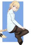  1girl absurdres black_bow black_legwear blonde_hair blue_background blue_eyes bow braided_ponytail fate/apocrypha fate_(series) full_body hair_bow highres jeanne_d&#039;arc_(fate) jeanne_d&#039;arc_(fate)_(all) k-ya. long_hair long_sleeves looking_at_viewer looking_back open_mouth pantyhose ponytail shiny shiny_hair shirt solo thighband_pantyhose two-tone_background very_long_hair white_background white_shirt 