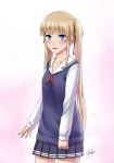  1girl blonde_hair blue_eyes blush cowboy_shot fang highres long_hair looking_at_viewer natsuyu open_mouth saenai_heroine_no_sodatekata sawamura_spencer_eriri skin_fang skirt skirt_lift solo sweat twintails very_long_hair 