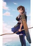  1girl absurdres apron blue_hakama bow brown_eyes brown_hair commentary_request feet_out_of_frame flight_deck hakama hakama_short_skirt hakama_skirt highres holding holding_bow japanese_clothes kaga_(kancolle) kantai_collection long_hair looking_at_viewer muneate natsume_(natsume_melio) side_ponytail skirt solo standing tasuki thighhighs yumi_(bow) 