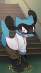  3_toes absurd_res ambiguous_gender black_body black_fur blue_body blue_fur blush bodily_fluids clothed clothing fur genital_fluids hi_res inside looking_at_viewer multicolored_body multicolored_fur nintendo omorashi open_mouth peeing pok&eacute;mon pok&eacute;mon_(species) red_eyes riolu snout solo stairs tears toes two_tone_body two_tone_fur urine video_games wetting_self さたん 