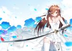  1girl bai_yemeng bangs bare_shoulders blue_flower breasts brown_hair cleavage collarbone commentary_request copyright_request dress elbow_gloves eyebrows_visible_through_hair flower gloves gun holding holding_gun holding_sword holding_weapon katana long_hair medium_breasts sleeveless sleeveless_dress solo strapless strapless_dress sword thighhighs weapon wedding_dress white_dress white_gloves white_legwear 