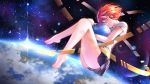  1girl ball barefoot black_skirt cloud earth full_body highres holding holding_ball hug knees_up lens_flare original red_hair shirt short_sleeves skirt sky solo space star_(sky) starry_sky sysen wallpaper white_shirt world 