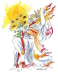  2019 amaterasu anthro blonde_hair canid canine canis capcom clothed clothing deity female fire flower fully_clothed fur hair heather_bruton mammal plant red_body red_fur sash solo summer sun sunflower video_games white_body white_fur wolf ōkami 