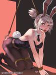  1girl all_fours anal anal_hook anal_object_insertion animal_ears artist_name ball_gag bare_shoulders bdsm black_legwear black_neckwear blush bondage bound bound_legs bound_wrists breasts brown_legwear bunny_ears bunny_tail bunnysuit cleavage detached_collar fake_animal_ears gag gagged haimei1980 league_of_legends leotard looking_at_viewer necktie object_insertion pantyhose ponytail puddle red_eyes riven_(league_of_legends) rope saliva short_hair silver_hair skindentation solo strapless strapless_leotard tail tears torn_clothes torn_legwear v-shaped_eyebrows 