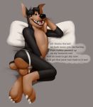  2019 anthro buddy_thunderstruck_(character) buddy_thunderstruck_(series) butt canid canine canis clothing concupisco domestic_dog english_text jockstrap lying male mammal on_side pillow solo text underwear whiskers 