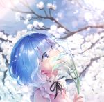  1girl bangs bare_shoulders black_ribbon blue_eyes blue_hair breasts cleavage day detached_collar eyebrows_visible_through_hair flower frills from_side hair_ornament hairclip holding holding_flower looking_away looking_up medium_breasts melings_(aot2846) outdoors re:zero_kara_hajimeru_isekai_seikatsu rem_(re:zero) ribbon short_hair solo tree upper_body white_flower x_hair_ornament 