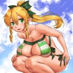  1girl :d amania_orz bangs bare_shoulders bikini blonde_hair blush bow braid breasts cleavage cloud collarbone dated eyebrows_visible_through_hair green_bikini green_eyes hair_between_eyes hair_bow huge_breasts leafa leaning_forward long_hair looking_at_viewer open_mouth ponytail side-tie_bikini signature sky smile solo squatting striped striped_bikini swimsuit sword_art_online twin_braids twitter_username 