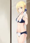  1girl absurdres ahoge artoria_pendragon_(all) bangs blonde_hair blue_bra blue_panties blue_ribbon blush bra braid braided_bun breasts cellphone cleavage closed_mouth collarbone cowboy_shot fate/stay_night fate_(series) green_eyes groin hair_ribbon hand_on_hip highres holding holding_phone iphone k-ya. medium_breasts navel panties phone print_bra print_panties ribbon saber shiny shiny_hair short_hair sideboob smartphone solo standing two-tone_bra two-tone_panties underwear underwear_only white_bra white_panties 