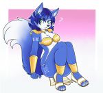  2019 4_toes 5_fingers ? ambris anthro blue_hair canid canine clothing dipstick_tail female fingers fox hair krystal loincloth mammal markings multicolored_tail nintendo short_hair solo star_fox toes tribal_markings video_games 