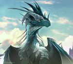  2019 ambiguous_gender claws day detailed_background digital_media_(artwork) dragon feral hi_res horn membrane_(anatomy) membranous_wings outside scales scalie sky solo spines telleryspyro western_dragon wings 