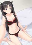  1girl absurdres barefoot bed_sheet black_bow black_hair blue_eyes blurry bow bra breasts cleavage closed_mouth collarbone depth_of_field fate/stay_night fate_(series) grey_background groin hair_bow hair_intakes highres k-ya. long_hair looking_at_viewer medium_breasts navel panties pillow red_bra red_panties self_shot shiny shiny_hair simple_background sitting smile solo toosaka_rin twintails underwear underwear_only very_long_hair wariza 