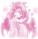  breasts cleavage clothed clothing demon digimon digimon_(species) female hair hand_fan horn humanoid humanoid_pointy_ears lilithmon looking_at_viewer low_res one_eye_closed solo wings wink かんこ 