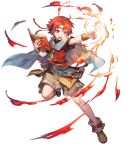  1boy azutarou belt book boots bracelet cape circlet ewan_(fire_emblem) fire fire_emblem fire_emblem:_the_sacred_stones fire_emblem_heroes full_body highres jewelry official_art open_mouth red_eyes red_hair solo teeth 