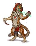  2019 4_toes 5_fingers anthro blood bodily_fluids digital_media_(artwork) felid fingers fur gore heart_(organ) holding_object holding_weapon jaguar katie_hofgard male mammal open_mouth pantherine simple_background solo spots spotted_body spotted_fur teeth toes tongue weapon white_background 