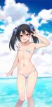  1girl :d \n/ absurdres arm_up ass_visible_through_thighs bangs bare_arms bare_shoulders bikini black_hair blue_bow blue_sky blurry blush bow cloud cloudy_sky collarbone commentary_request day eyebrows_behind_hair groin hair_between_eyes hair_bow highres horizon jidan_hua long_hair looking_at_viewer love_live! love_live!_school_idol_project navel ocean open_mouth outdoors red_eyes round_teeth side-tie_bikini sidelocks sky smile solo standing swimsuit teeth twintails upper_teeth v-shaped_eyebrows water white_bikini yazawa_nico 