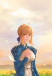  1girl ahoge artoria_pendragon_(all) blonde_hair blurry braid cloud cowboy_shot depth_of_field fate/stay_night fate_(series) french_braid green_eyes hand_on_own_chest highres juliet_sleeves long_sleeves looking_at_viewer natsuyu puffy_sleeves saber smile solo 